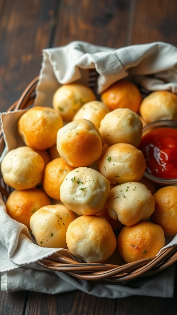 A basket of fluffy dough balls with marinara sauce for dipping on a rustic wooden table.